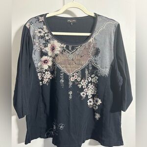 Skinny Minnie Woman's Plus Sz 2X Black 3/4 Sleeve Beaded Floral Top